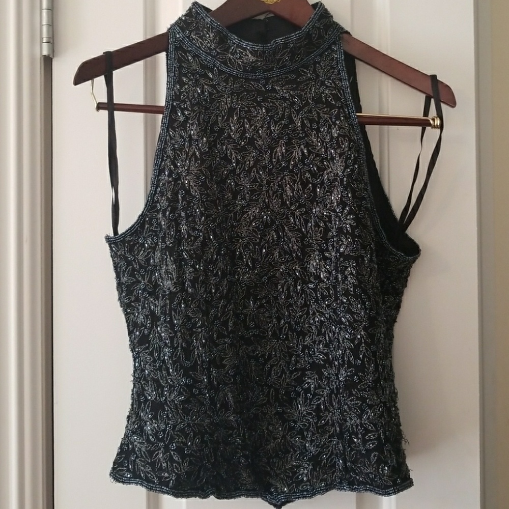 100% silk shell, beaded mockneck